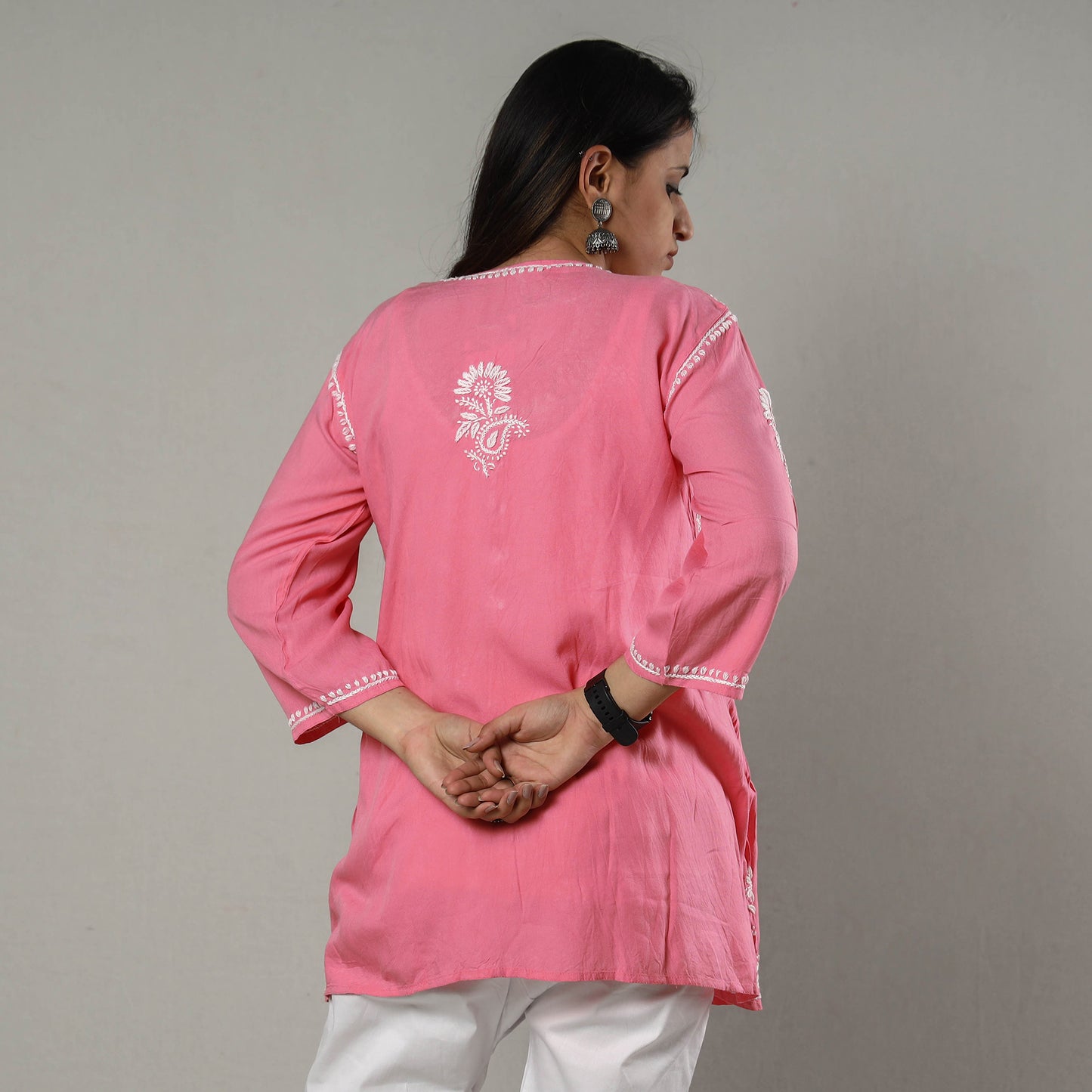 Pink Chikankari Hand Embroidered Mul Cotton Short Kurta