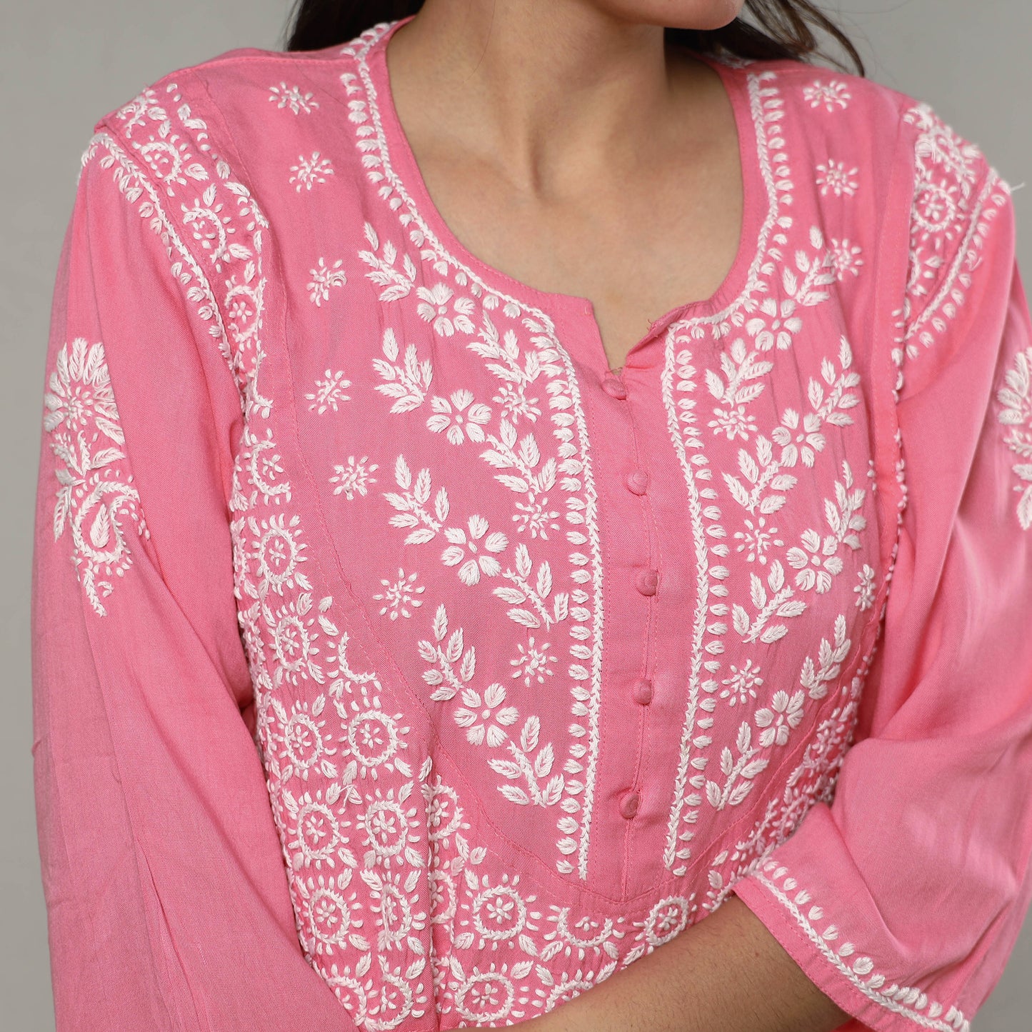 Pink Chikankari Hand Embroidered Mul Cotton Short Kurta