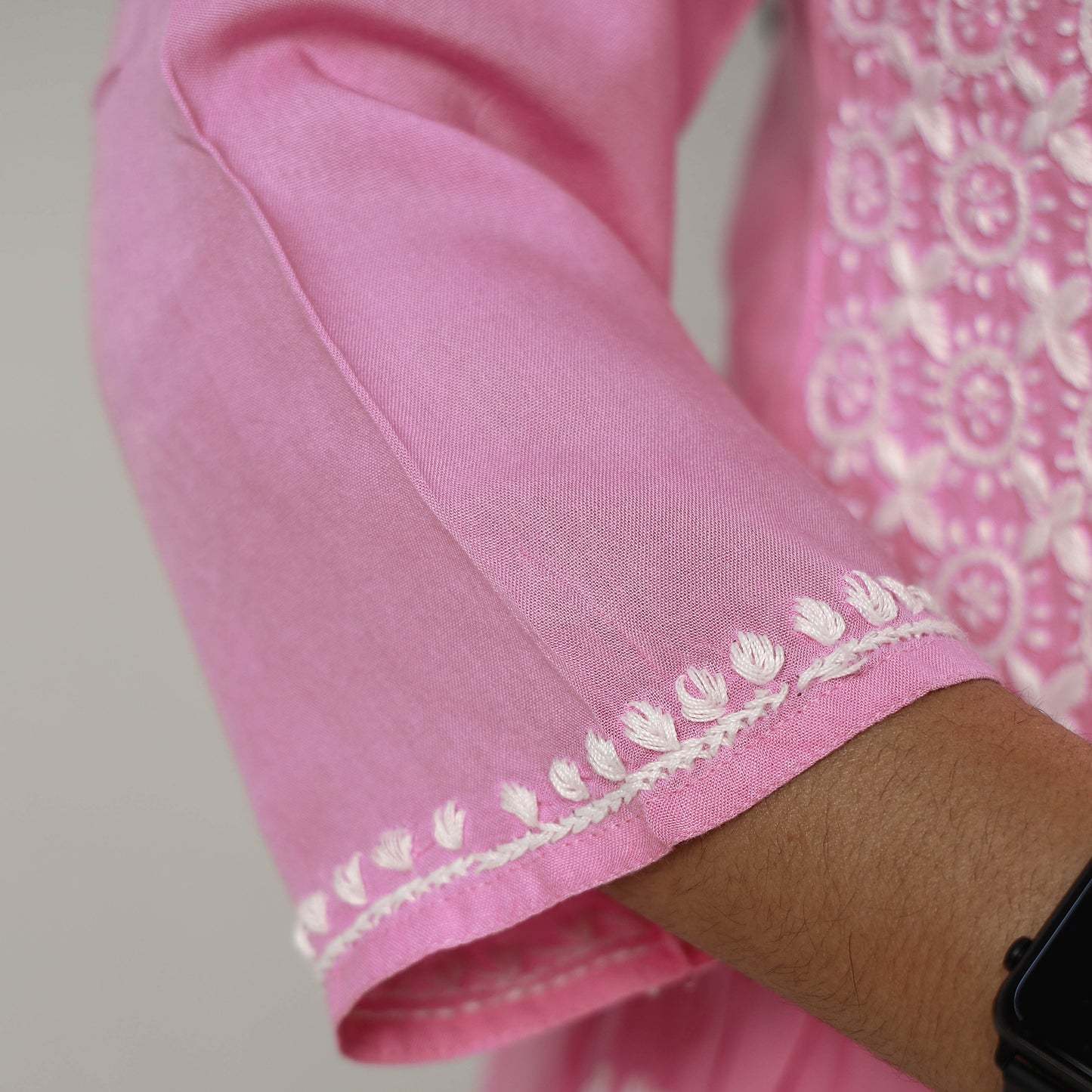 Baby Pink Chikankari Hand Embroidered Mul Cotton Short Kurta