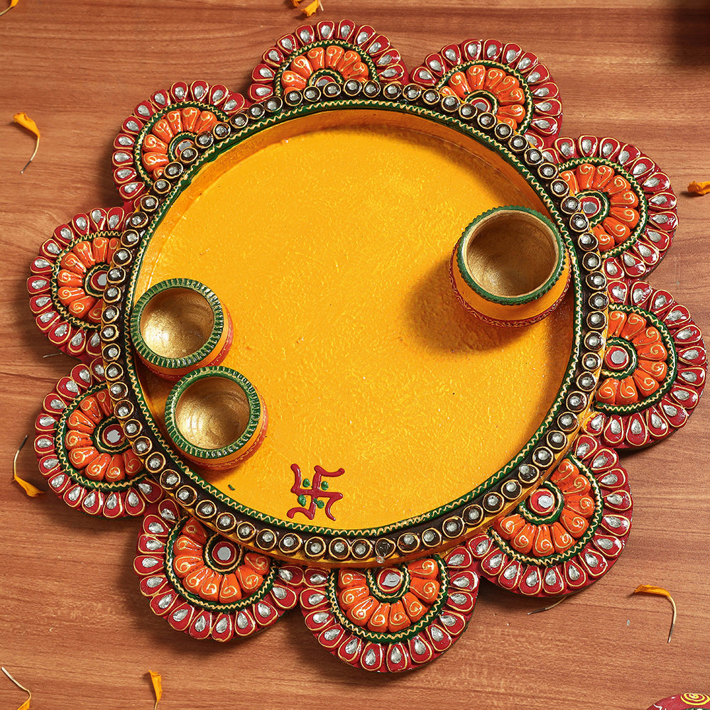Handpainted Wooden Pooja Thali with (1 kalash & 2 Terracotta Diyas)