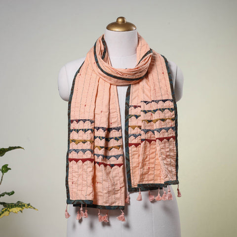 Peach - Kutch Tagai Work Ajrakh Border Cotton Stole with Tassels