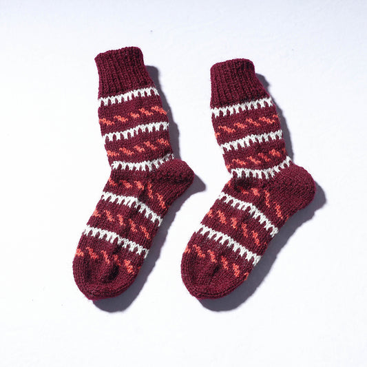 Maroon - Kumaun Hand-knitted Woolen Socks - Kids
