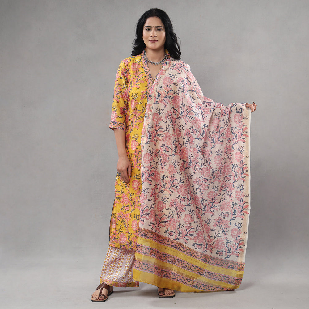 Sanganeri Block Printing Maheshwari Silk Kurta with Palazzo & Dupatta Set