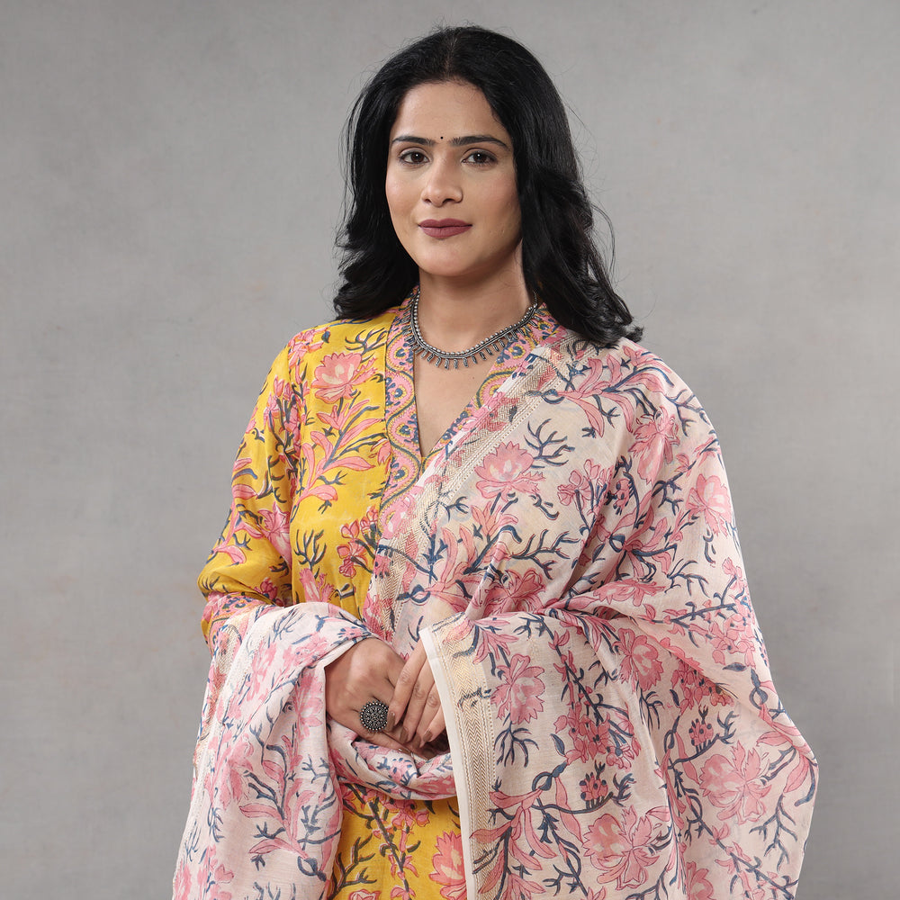 Sanganeri Block Printing Maheshwari Silk Kurta with Palazzo & Dupatta Set