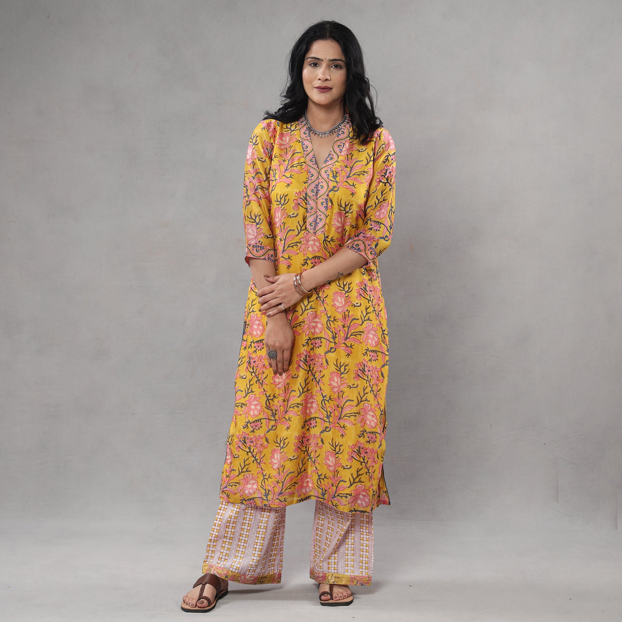  Sanganeri Block Printing Maheshwari Silk Kurta with Palazzo & Dupatta Set 
