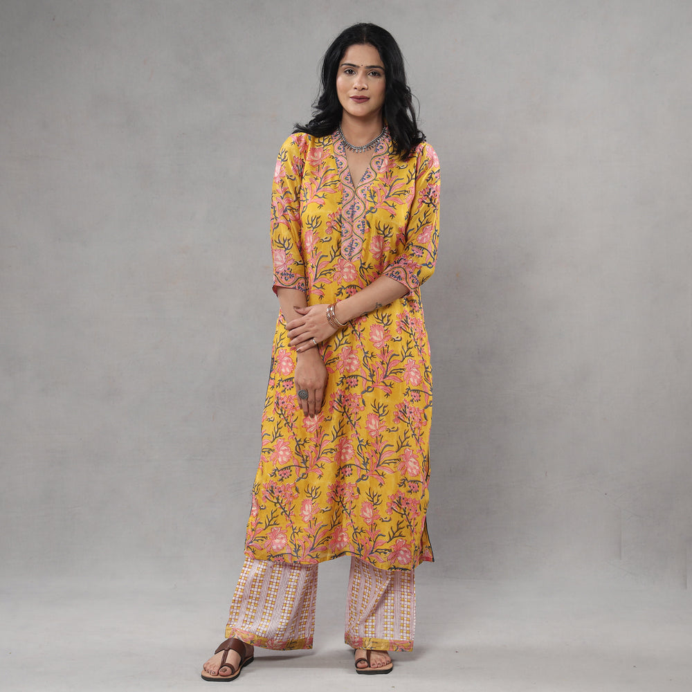 Sanganeri Block Printing Maheshwari Silk Kurta with Palazzo & Dupatta Set