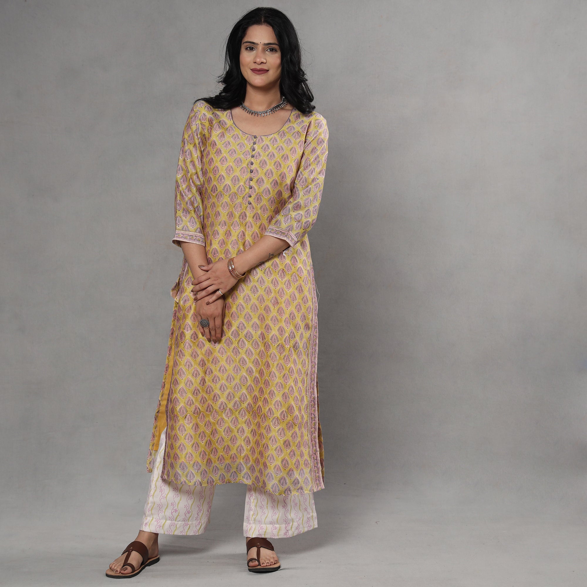Yellow - sanganeri printing maheshwari silk kurta