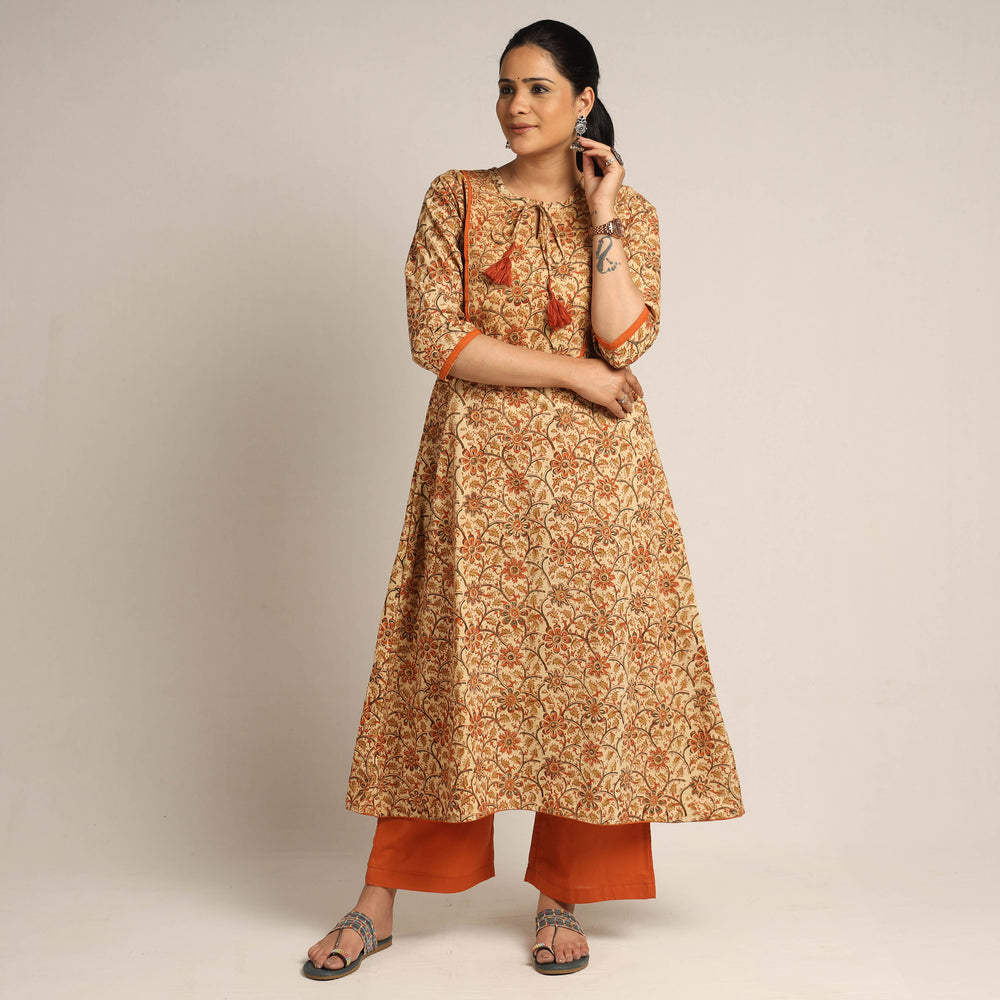 Beige - Pedana Kalamkari Block Printed Cotton Kurta with Palazzo Set