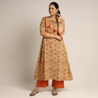 Beige - Pedana Kalamkari Block Printed Cotton Kurta with Palazzo Set