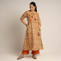 Beige - Pedana Kalamkari Block Printed Cotton Kurta with Palazzo Set