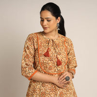 Beige - Pedana Kalamkari Block Printed Cotton Kurta with Palazzo Set