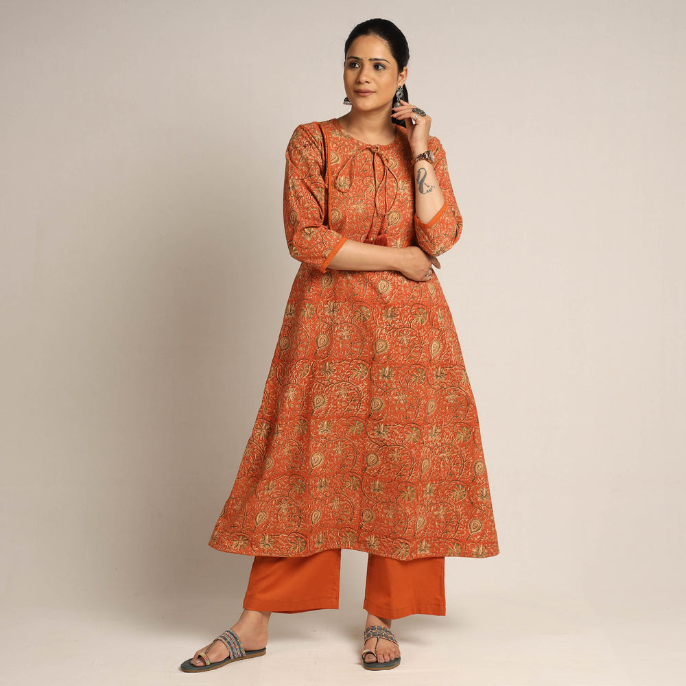 Orange - Pedana Kalamkari Block Printed Cotton Kurta with Palazzo Set