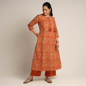 Orange - Pedana Kalamkari Block Printed Cotton Kurta with Palazzo Set