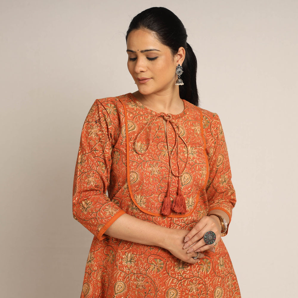 Orange - Pedana Kalamkari Block Printed Cotton Kurta with Palazzo Set