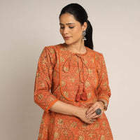 Orange - Pedana Kalamkari Block Printed Cotton Kurta with Palazzo Set