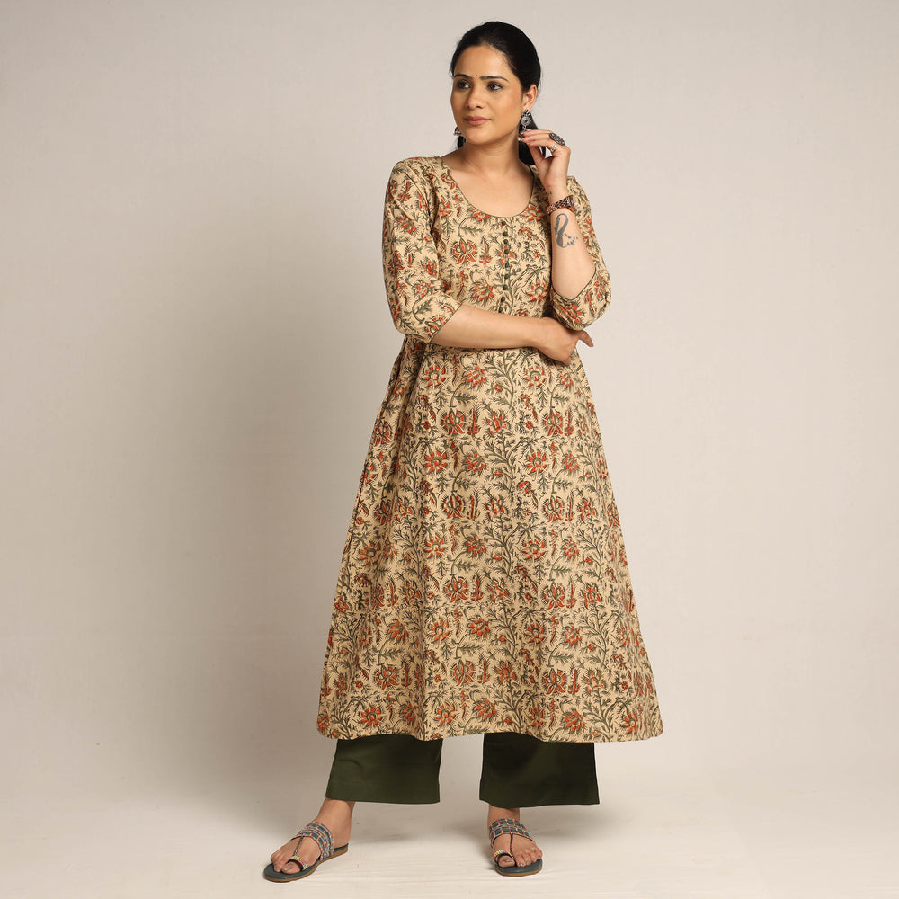 Beige - Pedana Kalamkari Block Printed Cotton Kurta with Palazzo Set