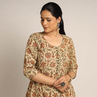 Beige - Pedana Kalamkari Block Printed Cotton Kurta with Palazzo Set