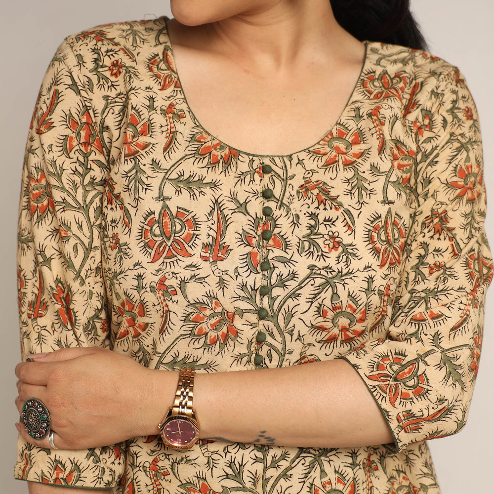 Beige - Pedana Kalamkari Block Printed Cotton Kurta with Palazzo Set