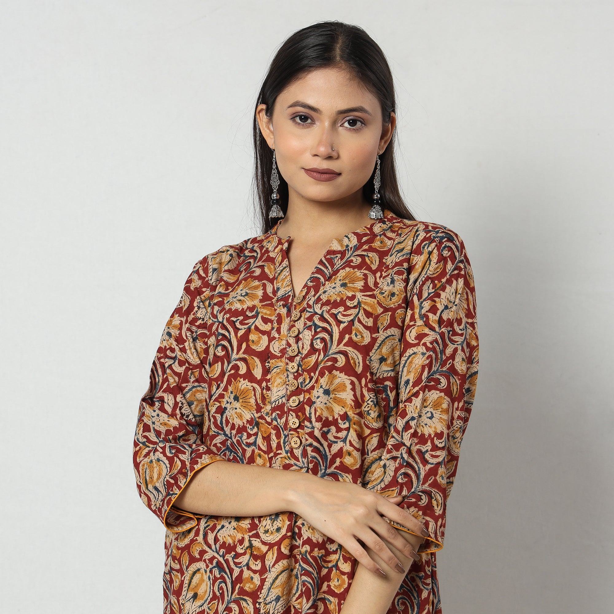 Buy Kalamkari Block Printed Cotton Long Kurta For Women
