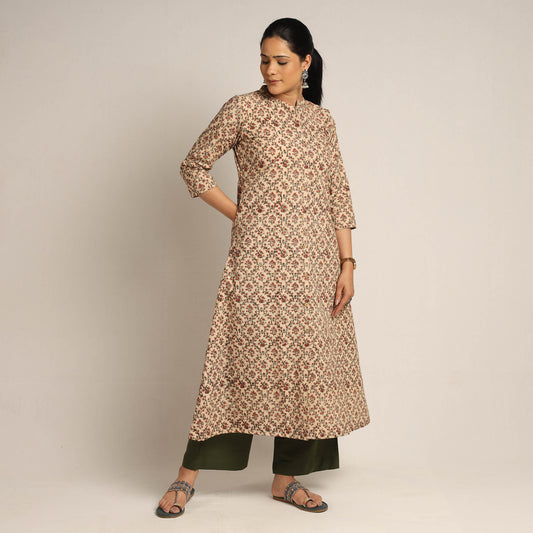 Beige - Pedana Kalamkari Block Printed Cotton Kurta with Palazzo Set