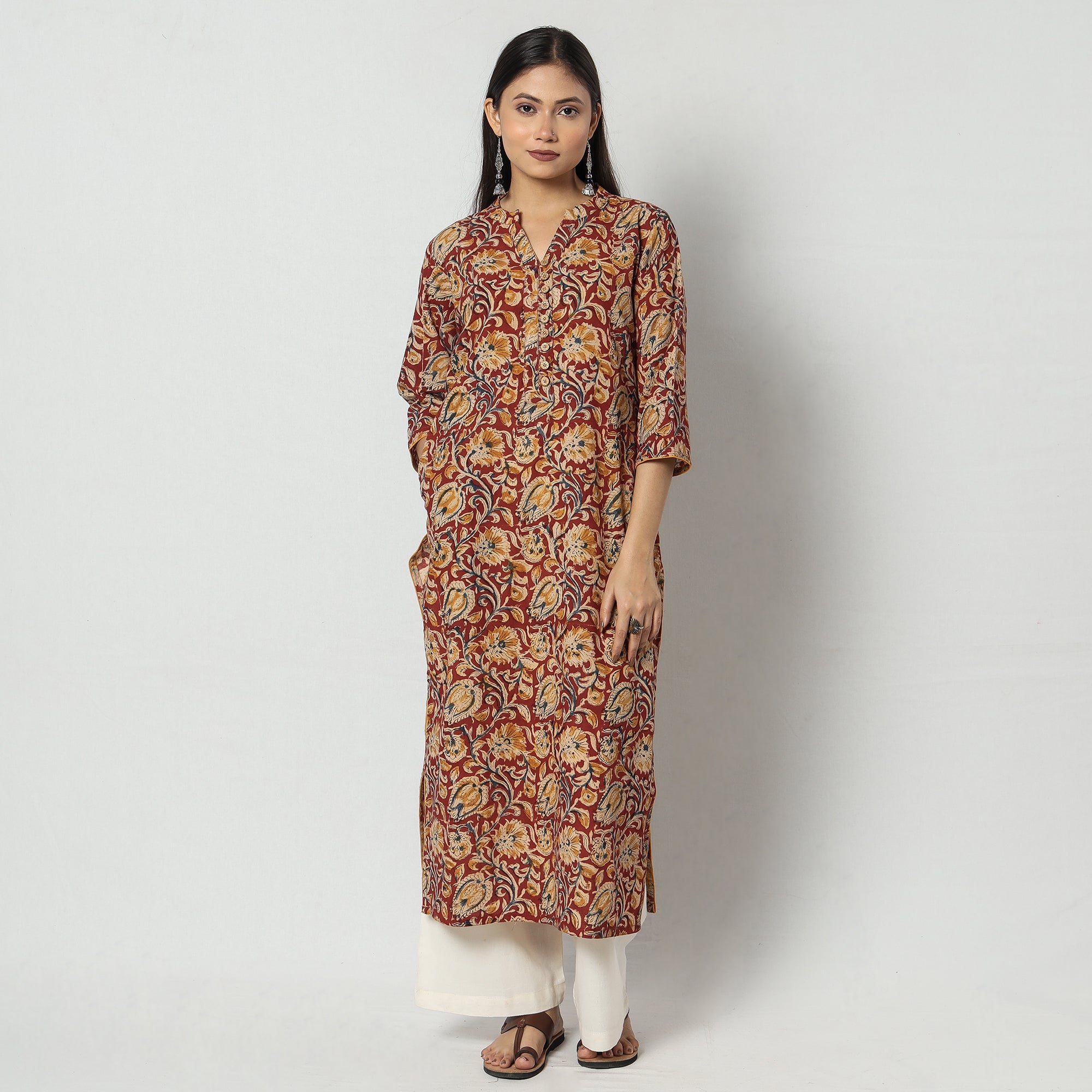 Buy Kalamkari Block Printed Cotton Long Kurta For Women