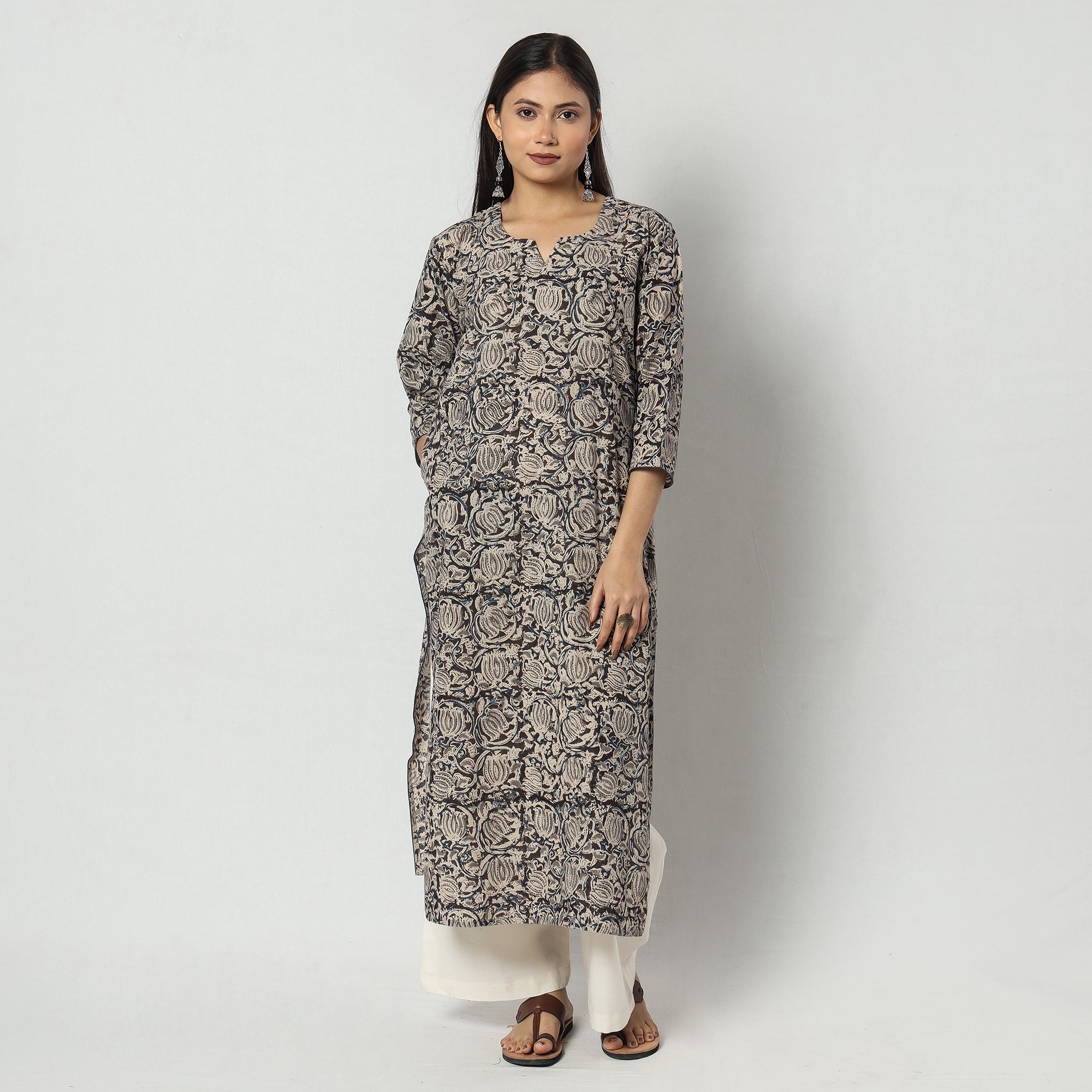 Kalamkari Block Print Cotton Long Straight Kurta For Women
