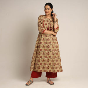 Brown - Pedana Kalamkari Block Printed Cotton Kurta with Palazzo Set