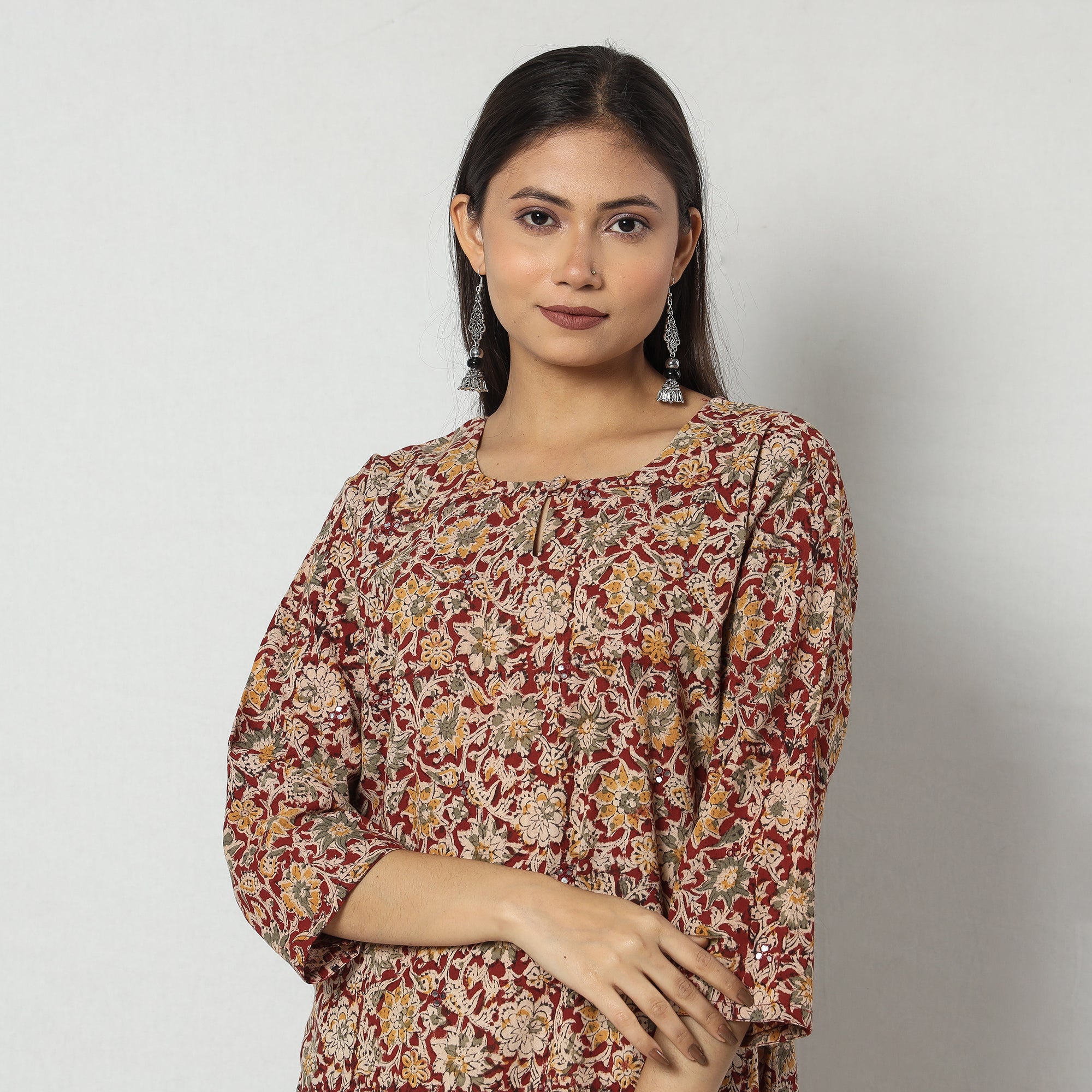Block Print Mirror Work Cotton Kalamkari Kurta For Women