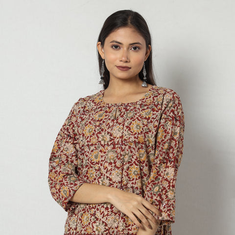 Block Print Mirror Work Cotton Kalamkari Kurta For Women