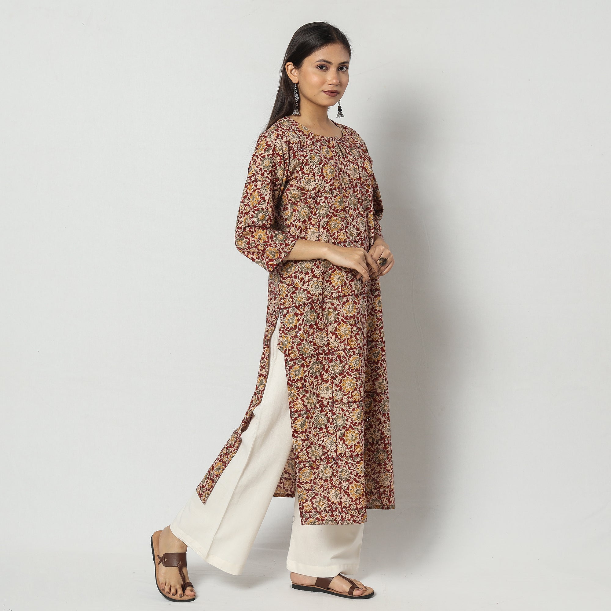 Block Print Mirror Work Cotton Kalamkari Kurta For Women