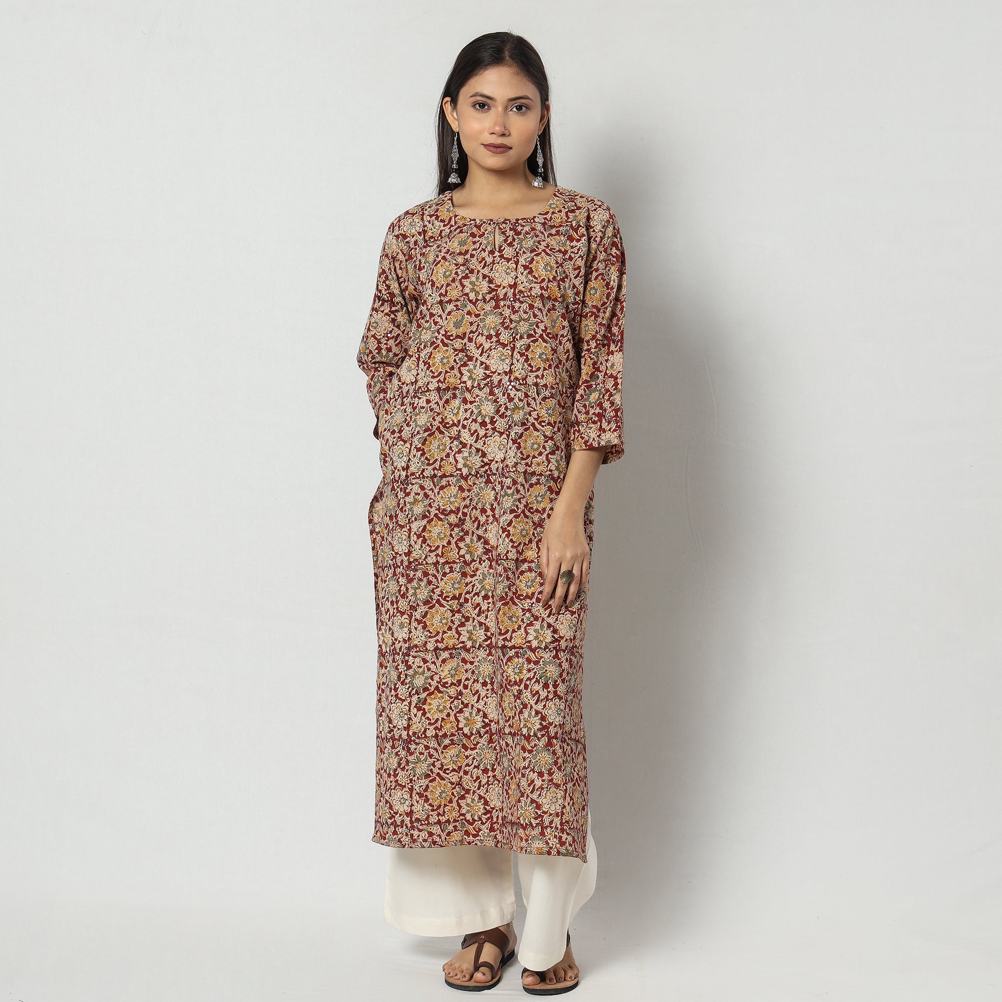 Block Print Mirror Work Cotton Kalamkari Kurta For Women