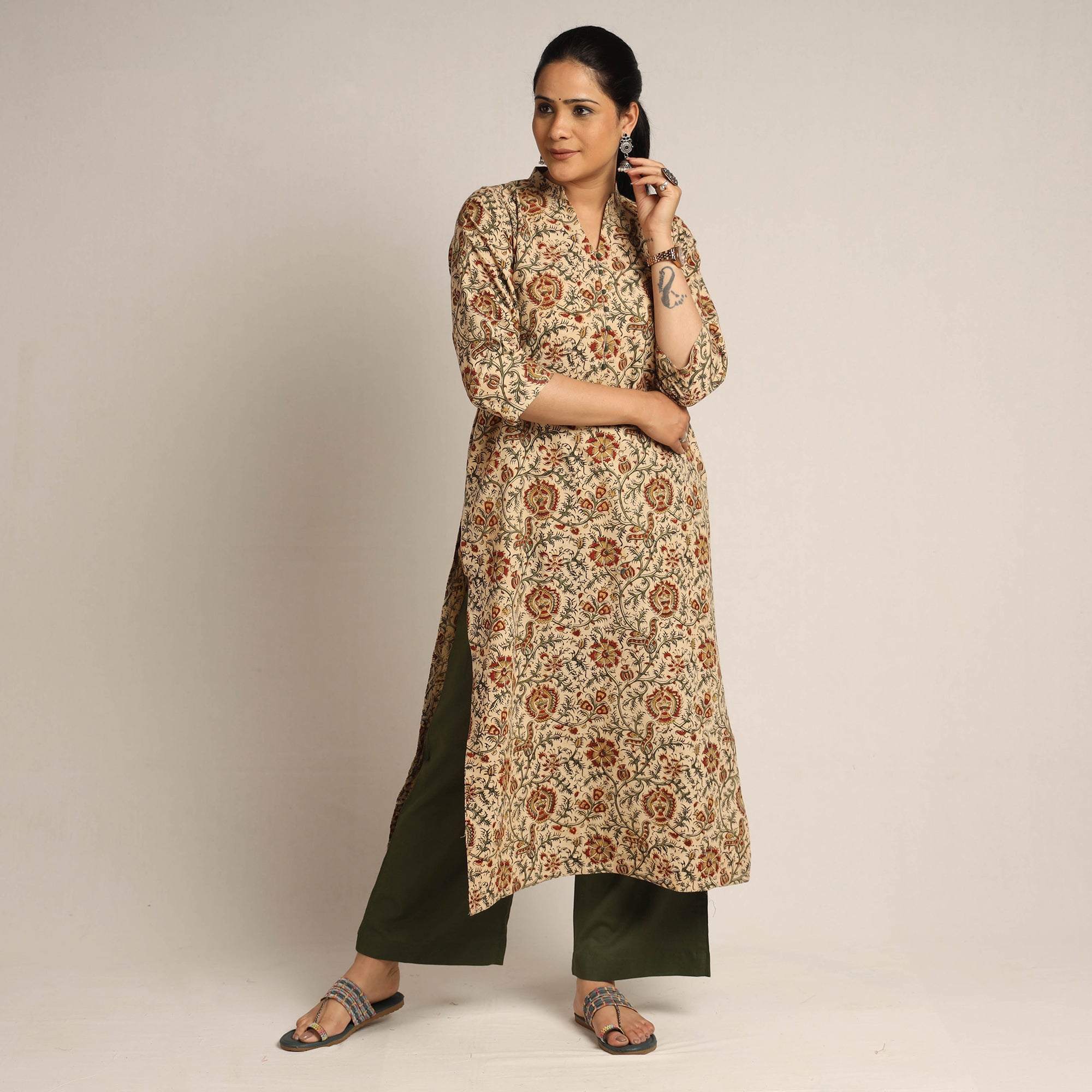  Pedana Kalamkari Block Printed Cotton Kurta with Palazzo Set 