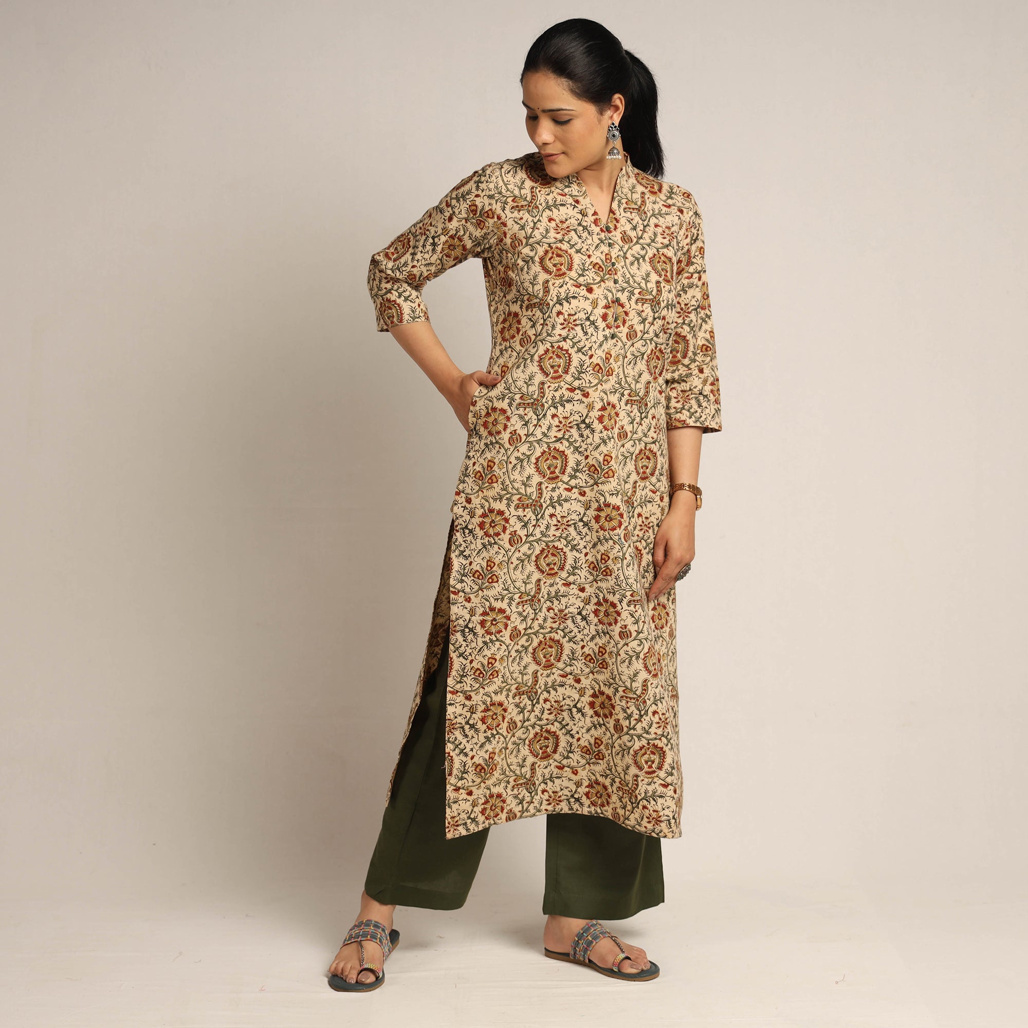  Pedana Kalamkari Block Printed Cotton Kurta with Palazzo Set 