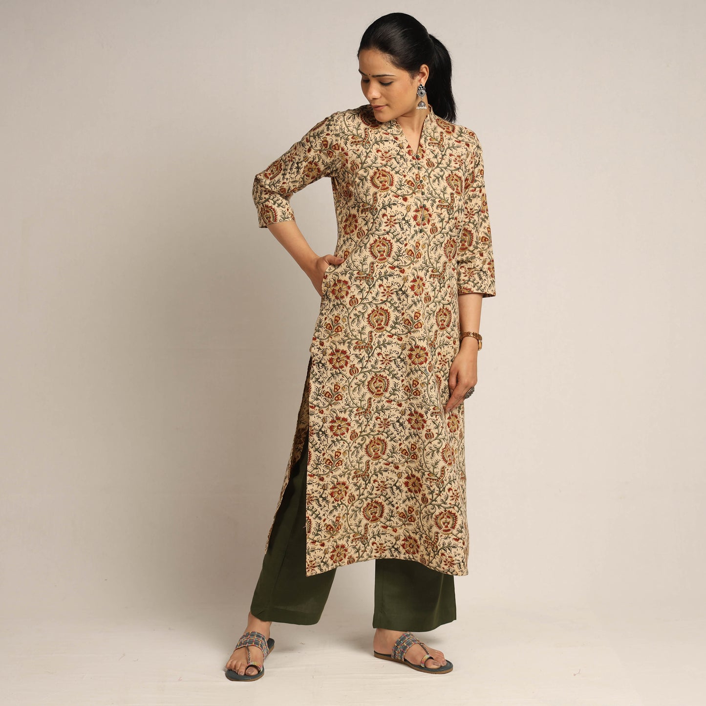 Beige - Pedana Kalamkari Block Printed Cotton Kurta with Palazzo Set