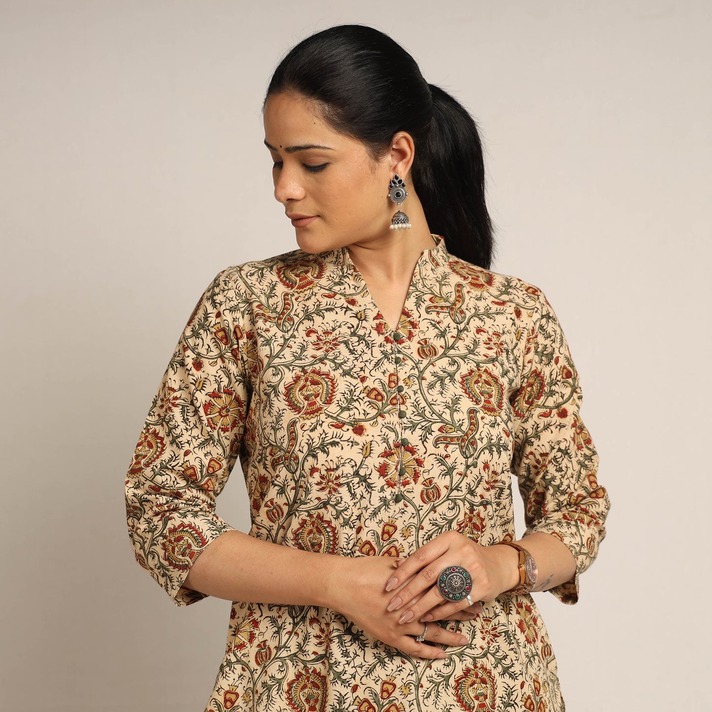 Beige - Pedana Kalamkari Block Printed Cotton Kurta with Palazzo Set