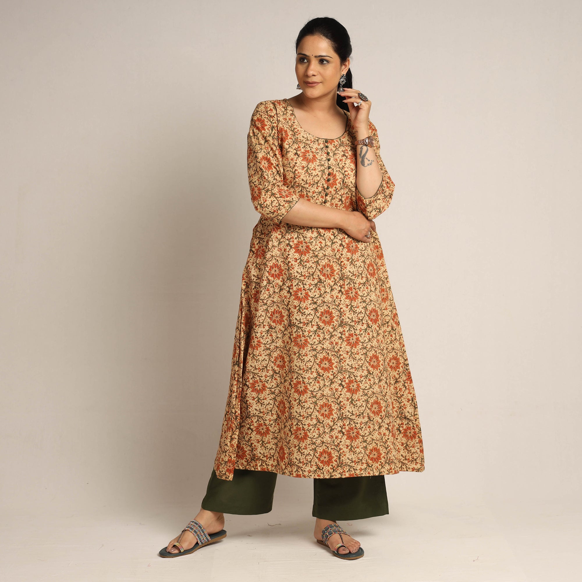  Pedana Kalamkari Block Printed Cotton Kurta with Palazzo Set Online at iTokri.com