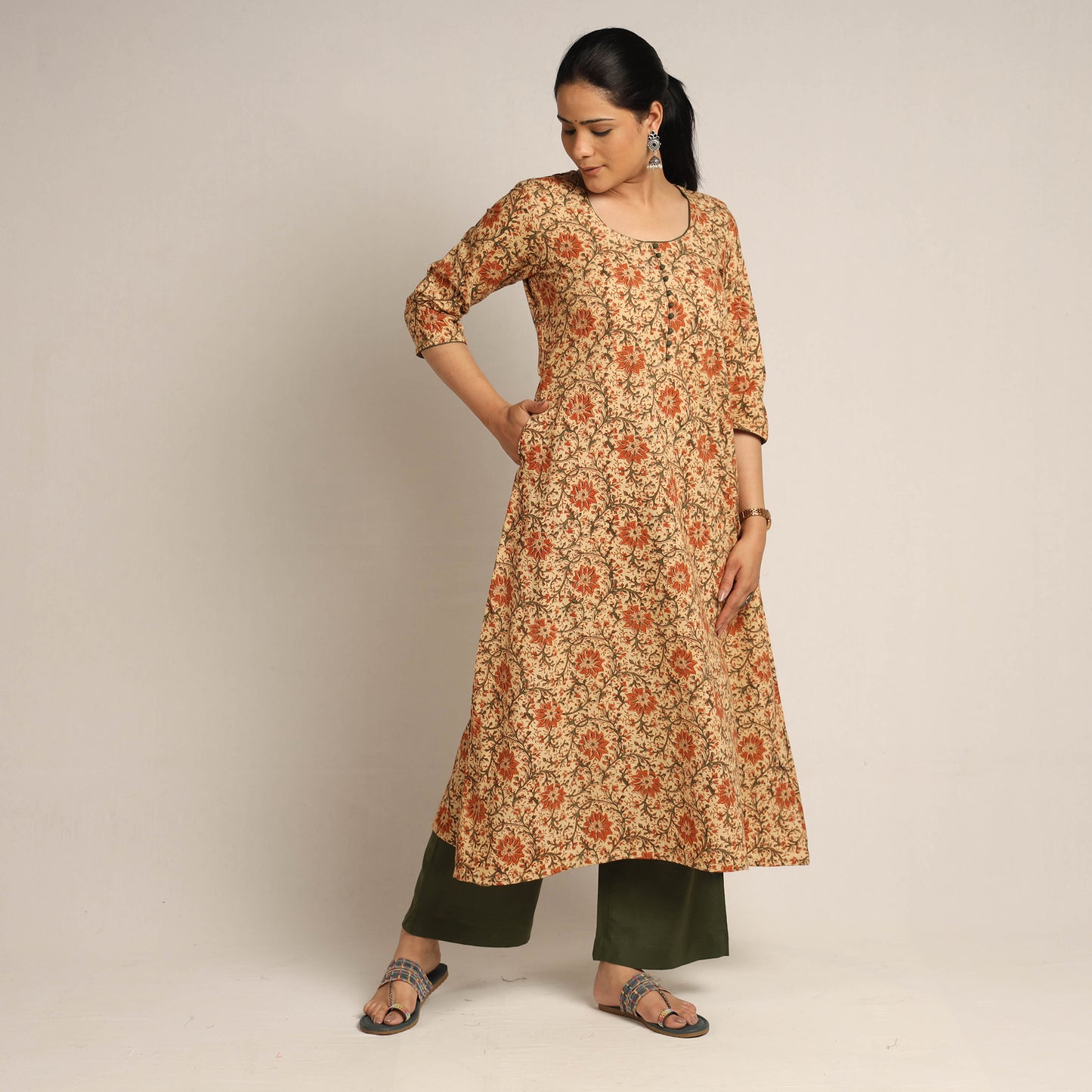 Beige - Pedana Kalamkari Block Printed Cotton Kurta with Palazzo Set