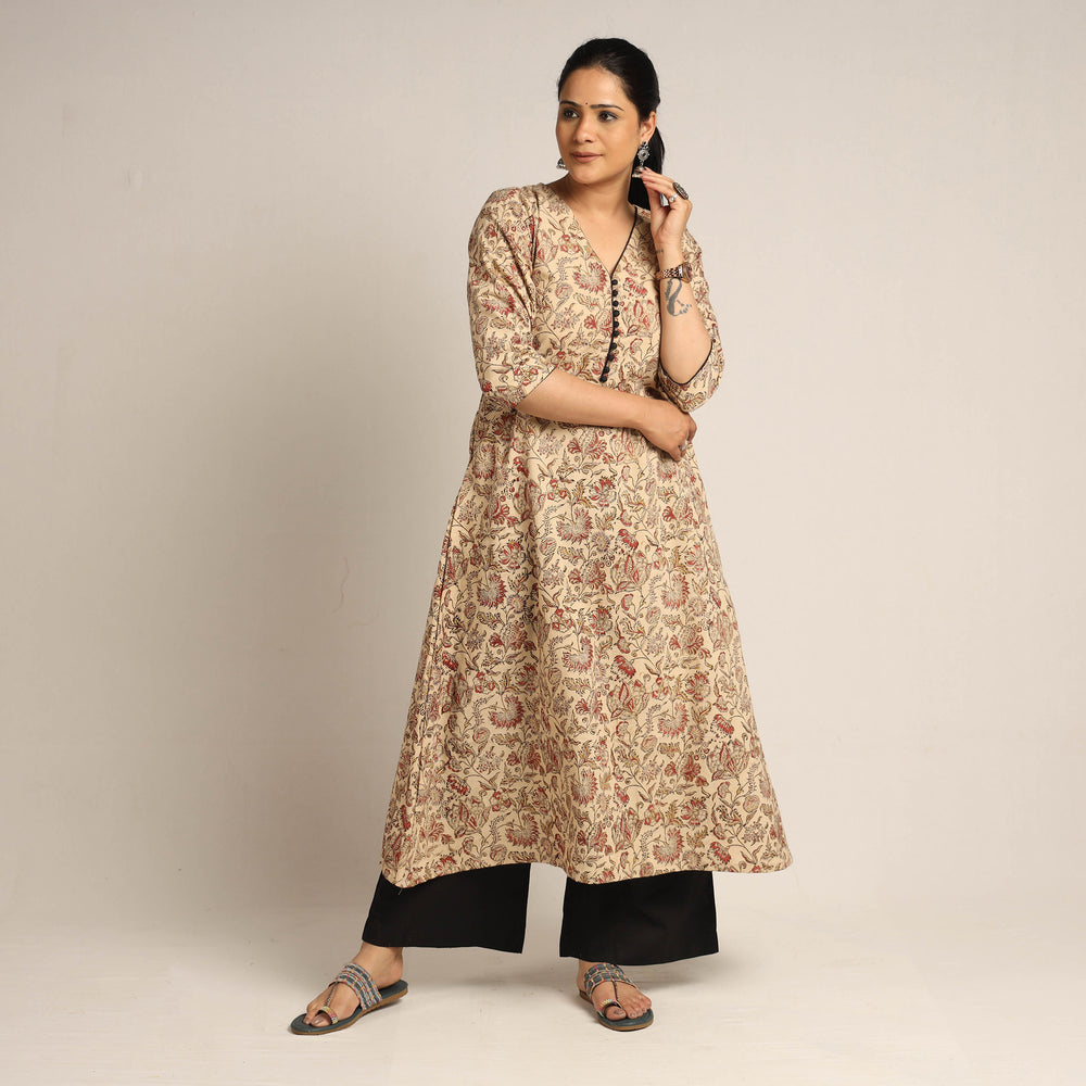 Beige - Pedana Kalamkari Block Printed Cotton Kurta with Palazzo Set