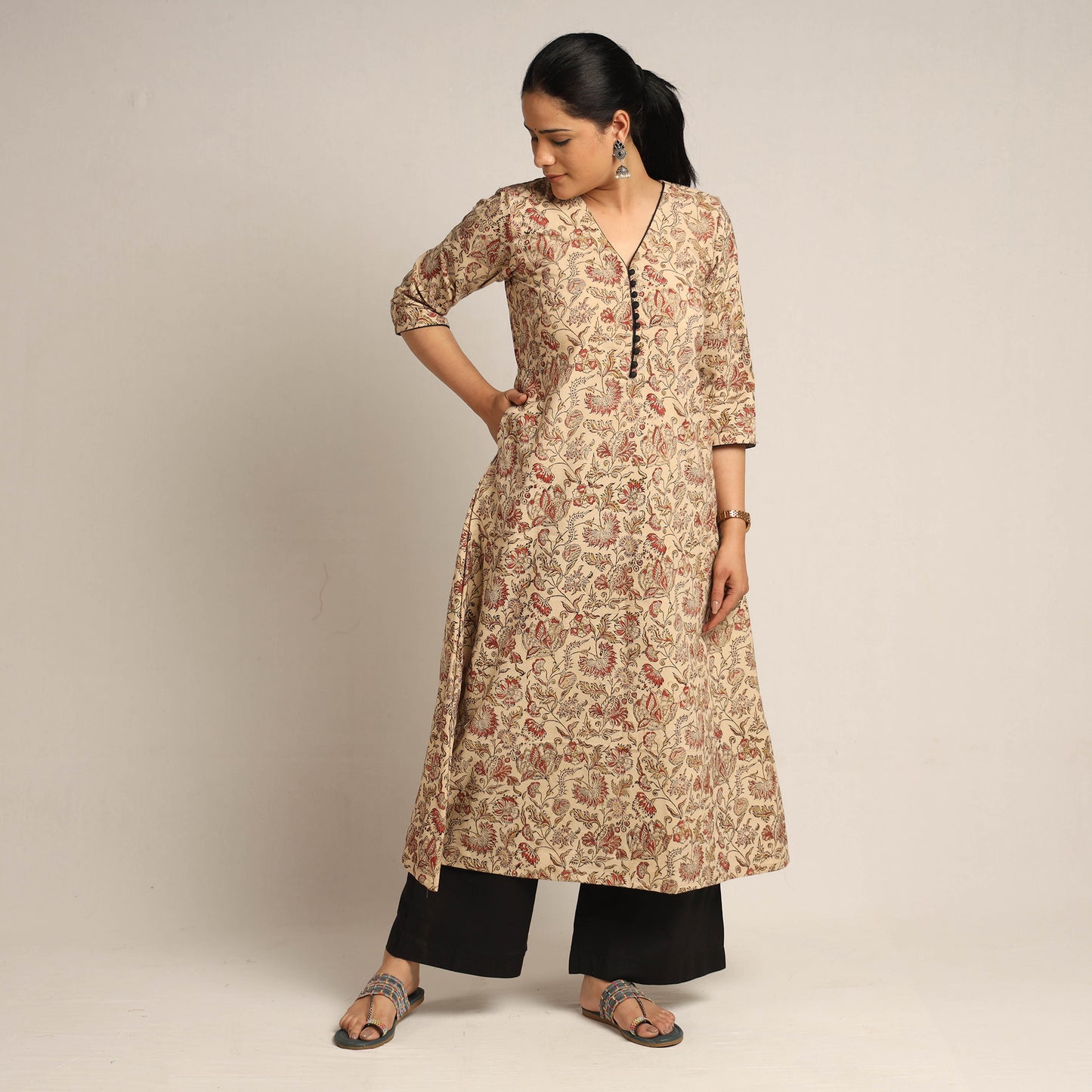 Beige - Pedana Kalamkari Block Printed Cotton Kurta with Palazzo Set