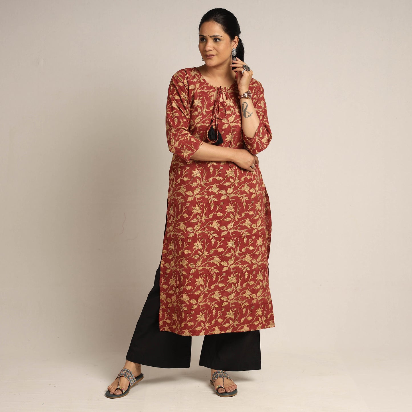 Red - Pedana Kalamkari Block Printed Cotton Kurta with Palazzo Set