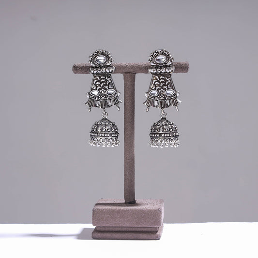 Antique Silver Finish Oxidised Brass Base Stone Work Jhumki Earrings