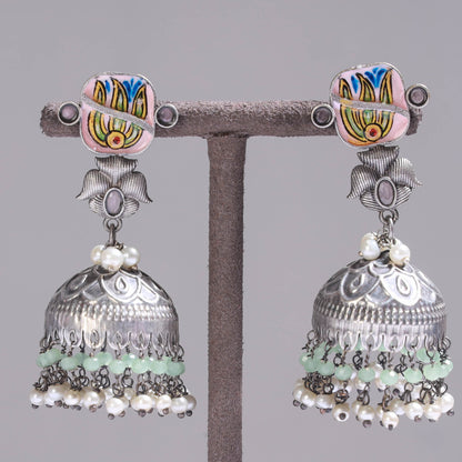 Antique Silver Finish Oxidised Brass Base Enamel Work Earrings