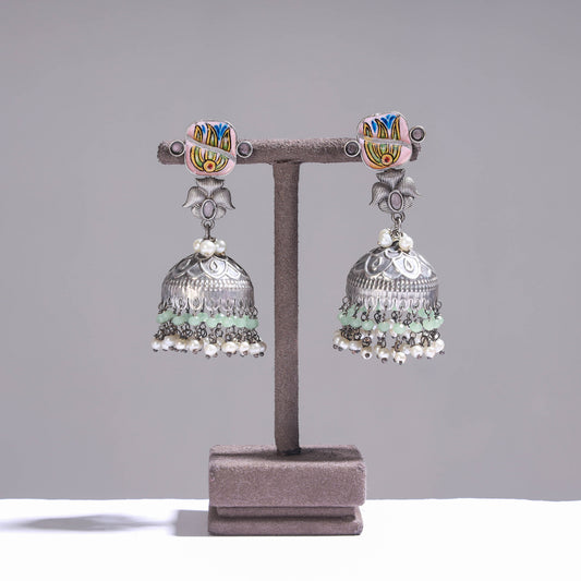 Antique Silver Finish Oxidised Brass Base Enamel Work Earrings