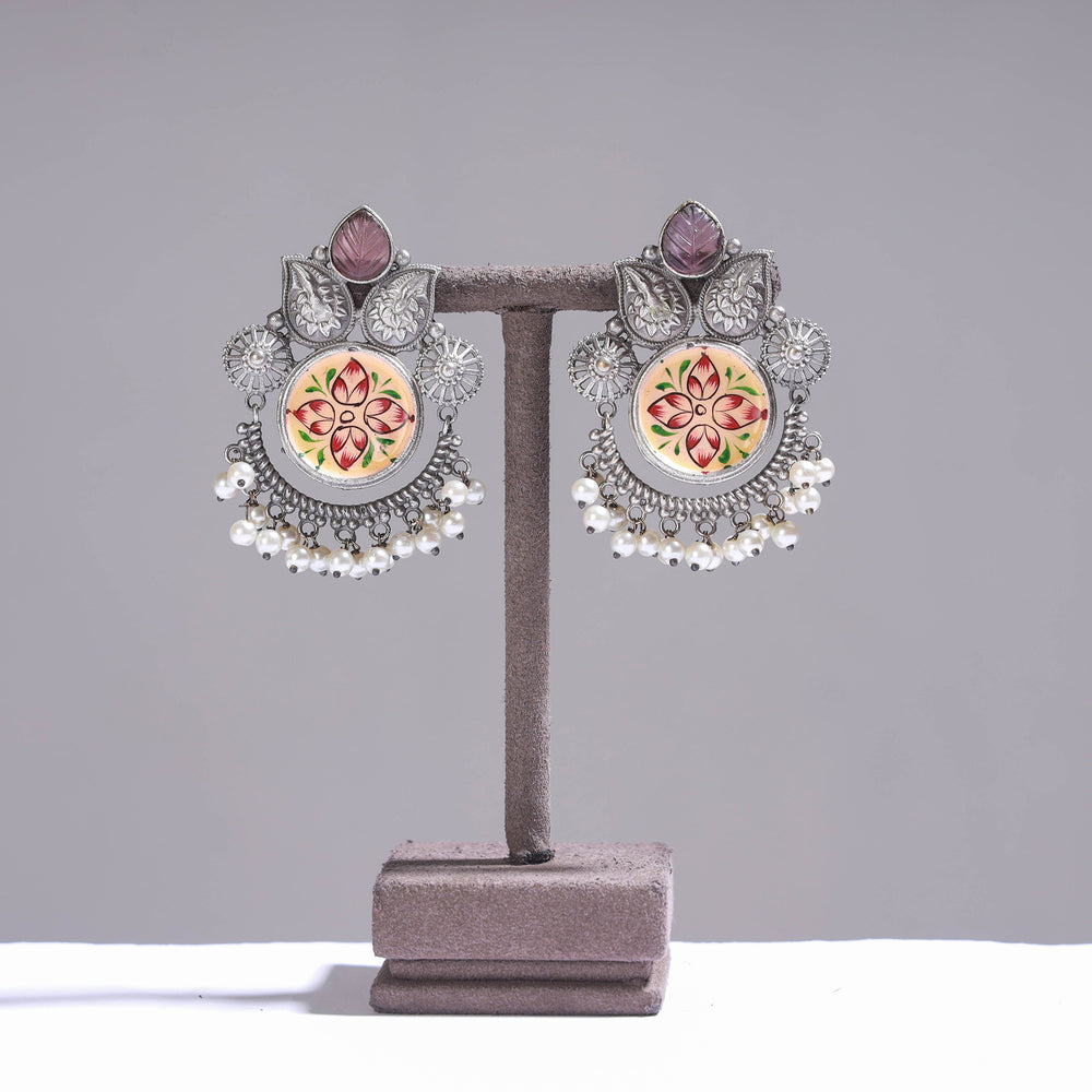 Antique Silver Finish Oxidised Brass Base Enamel & Stone Work Earrings
