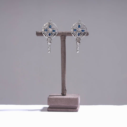 Antique Silver Finish Oxidised Brass Base Stone Work Stud Earrings