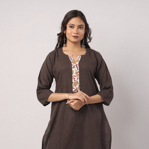 Brown - Running Stitch Pure Cotton Long Kurta