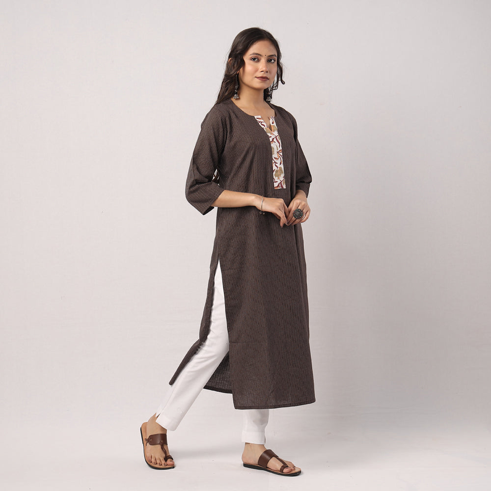 Brown - Running Stitch Pure Cotton Long Kurta