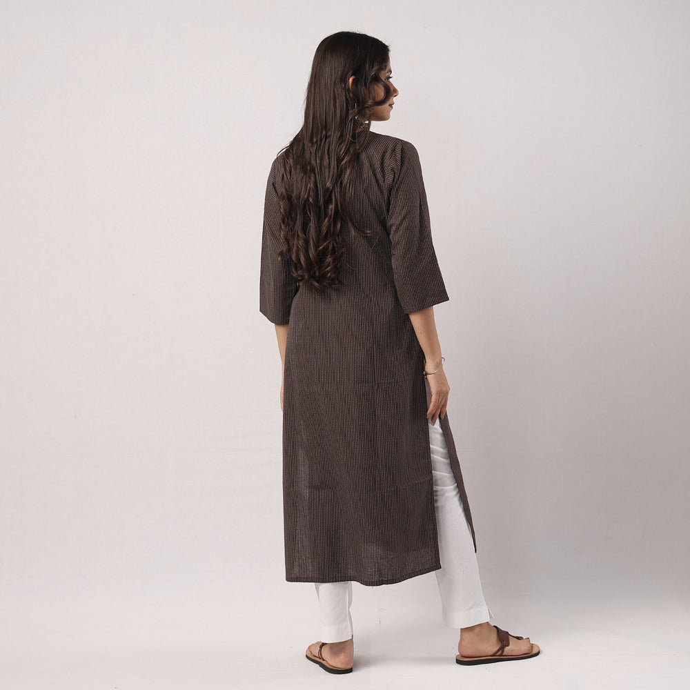 Brown - Running Stitch Pure Cotton Long Kurta