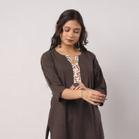 Brown - Running Stitch Pure Cotton Long Kurta