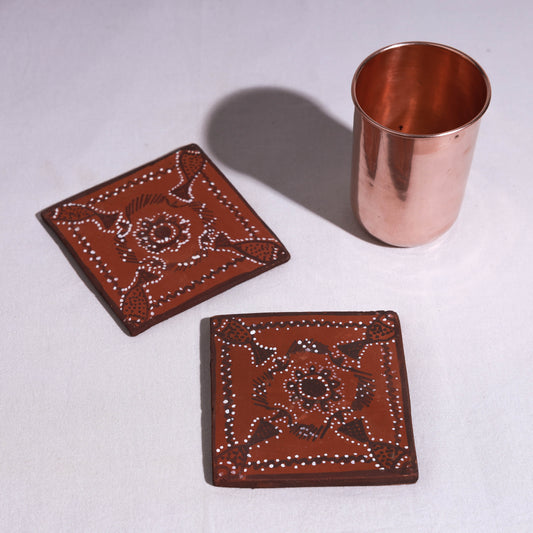 Khavda Pottery Terracotta Hand-painted Square Coasters (Set of 2)